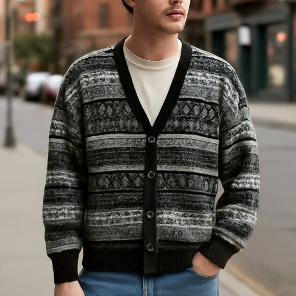 Men's Black and Gray Patterned Sweater - Picture 1 of 12